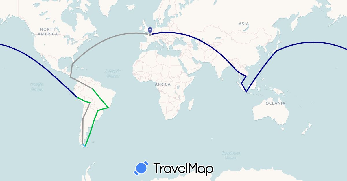 TravelMap itinerary: driving, bus, plane, boat in France, Indonesia, Japan, Cambodia, Myanmar (Burma), Malaysia, Nepal, Thailand, Vietnam (Asia, Europe)